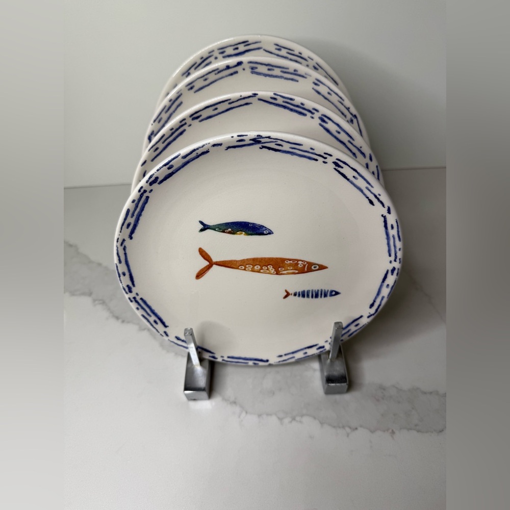 4 Papart Seramik 8” SALAD PLATES Fish Coastal Nautical Hand Painted Turkey New - Picture 3 of 11